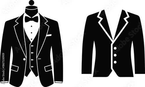 Luxury formal menswear icon set featuring mannequin tuxedo with bowtie and classic blazer silhouette for high end fashion.