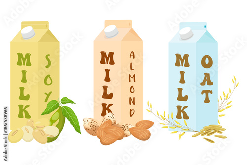 Selection of plant-based milk cartons: soy, almond, and oat milk. Vegan dairy alternatives with natural ingredients isolated on a white background.