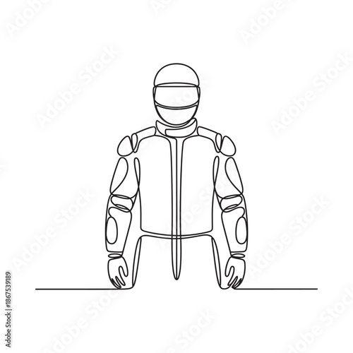 Continuous line drawing of a fencer in protective gear focused on upper body
