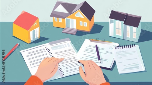 Person reviewing real estate documents with house models.