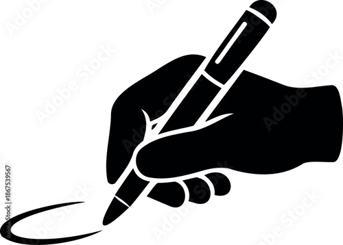 Minimalist black silhouette icon of a human hand holding a pen and drawing circular line