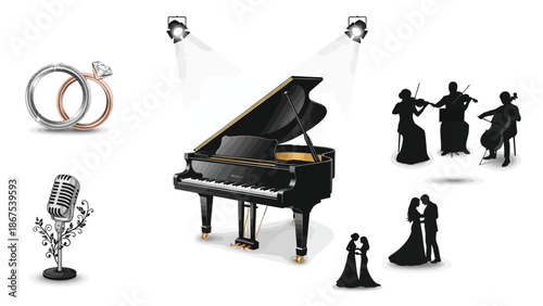 A grand piano with musicians and a microphone on stage with wedding rings and a couple dancing at a formal event with live music performance