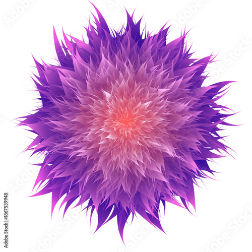 Single spiky purple abstract flower with layered texture and glowing center, isolated on white background, ideal for digital art projects.