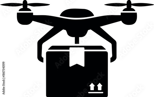 Modern delivery drone silhouette icon carrying a cardboard box for automated shipping and fast logistics