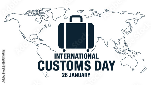  international customs day illustration with suitcase icon and world map background highlighting global trade, border security, logistics, customs administration and international cooperation