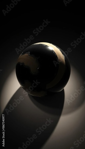 Sphere of ebony and ivory, starkly illuminated by a single, unseen source, casting deep shadows ,  high angle,  vintage