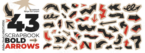 Vintage crayon drawn arrows scrapbook collage element collection. Hand drawn black school arrow set with beige craft tear paper. Journal collage direction symbols for notes, journaling, diagrams.