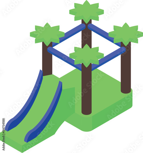 Isometric colorful inflatable playground slide with palm trees and blue frame, perfect for children's entertainment and outdoor activities