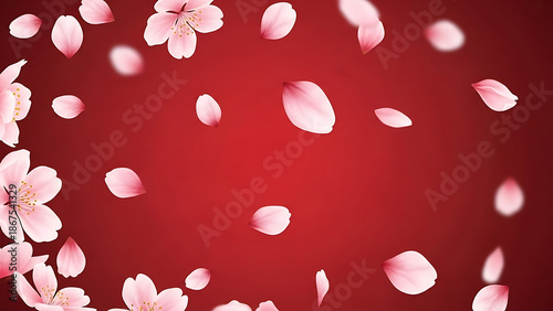 Soft pink cherry blossoms and delicate petals floating gently against a vibrant red background