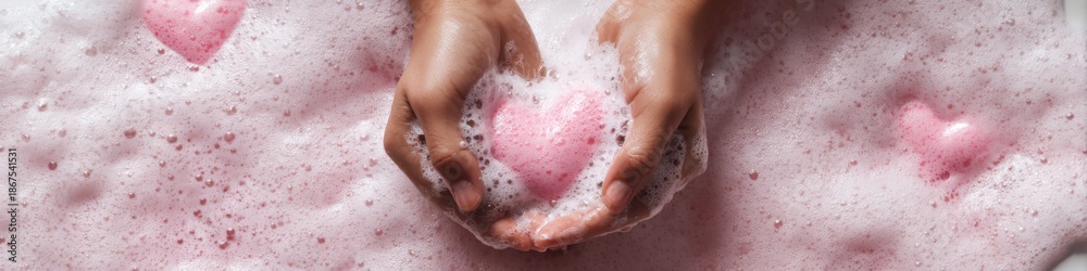 Fototapeta premium Hands holding heart-shaped soap in pink foam bath