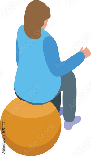 Pilates instructor performing exercises sitting on fitness ball, back view isometric illustration
