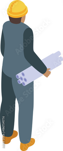 Construction worker carrying blueprints, preparing for building project