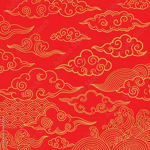 Whiskered clouds float serenely across a vibrant red background with golden swirls