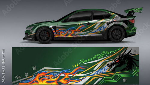 Green sports car with custom dragon, flame, and circuit board decal design, showcasing a vibrant and aggressive automotive wrap concept.