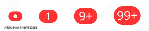 Red notification badge icon set showing unread alerts with dot, numeric and plus count symbols. Minimal flat UI elements for app notifications, messages, alerts and dashboard interfaces