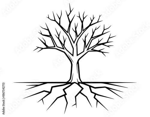Minimalist Dead Tree Icon with Cracked Roots. Simple Outline Vector of Dry Leafless Tree for Global Warming, Drought, Environmental Crisis, and Nature Concept Design Illustration.
