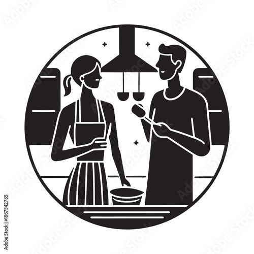 Couple Cooking Weekend Meal At Home Silhouette