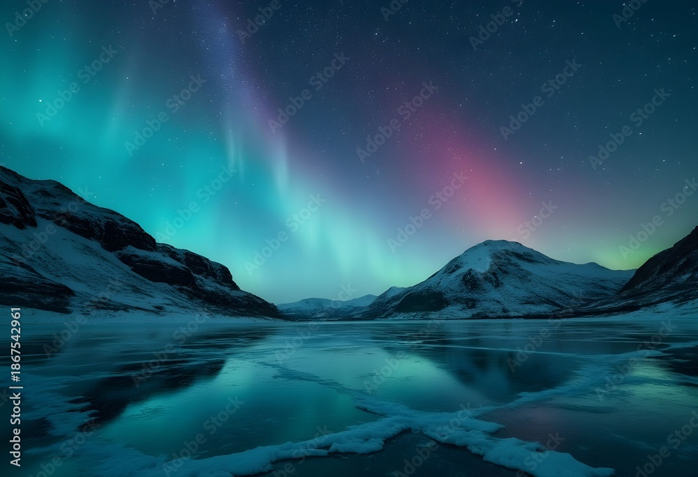 Fototapeta premium Vibrant Northern Lights Dancing Over A Frozen Lake And Mountains