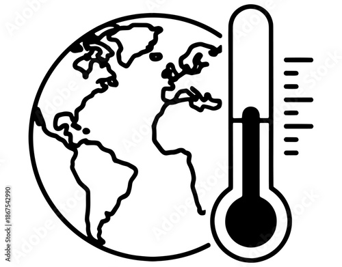 Global Warming and Climate Change Icon. Minimalist Vector Illustration of Earth Globe with Thermometer for Environment Protection, Ecology, and High Temperature Concept Design.