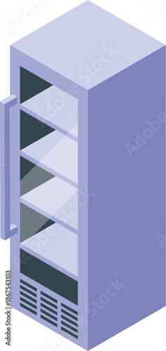 Modern isometric refrigerator with glass door, ideal for supermarkets and grocery stores, showcasing its empty shelves