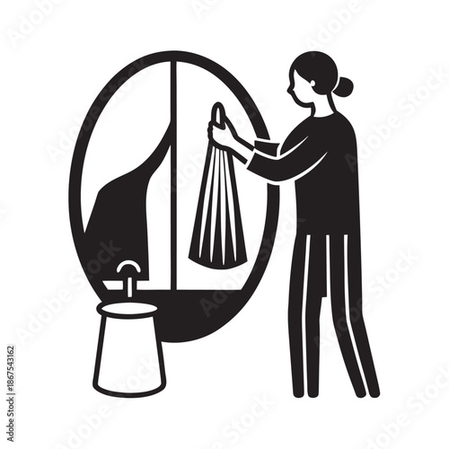 Cozy Bathroom Mirror Wiping Cleaning Routine Silhouette