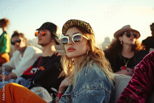 Young woman in trendy sunglasses and colorful hat sits looking forward, surrounded by people at a bright outdoor gathering.