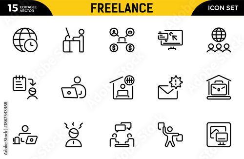 Freelance line icons set. Includes Freelancer, Work From Home, Productivity, Graphic Designer, Work-Life Balance, and More. Thin outline icons pack. Vector illustration