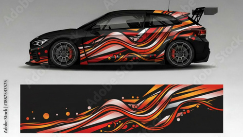 Dynamic abstract wavy graphic design car wrap on a black sports car.