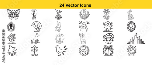 Collection of twenty four simple black and white vector icons displayed on a white background
