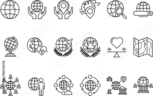 Global connectivity line icons set featuring world globes international travel environmental heart symbols and network distribution concepts.