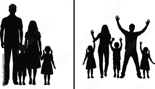 Family silhouettes showing parents and children standing and celebrating together, love, unity, happiness, parenting, joyful lifestyle concept isolated white background