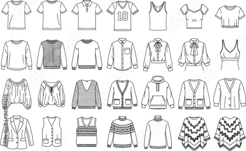 Comprehensive apparel line icons set featuring various t-shirts polo shirts sweaters cardigans hoodies blazers and patterned knitwear styles.
