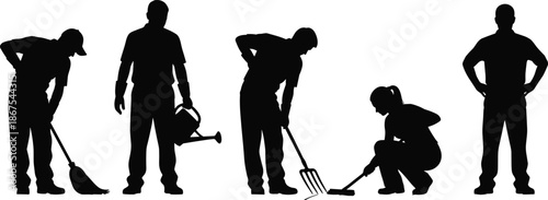 Gardeners working silhouette set showing planting watering cleaning teamwork outdoor labor landscaping agriculture and environmental care lifestyle concept