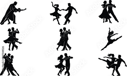 Dynamic dancing couple silhouettes collection, ballroom modern dance poses, energetic love romance illustration isolated white background set