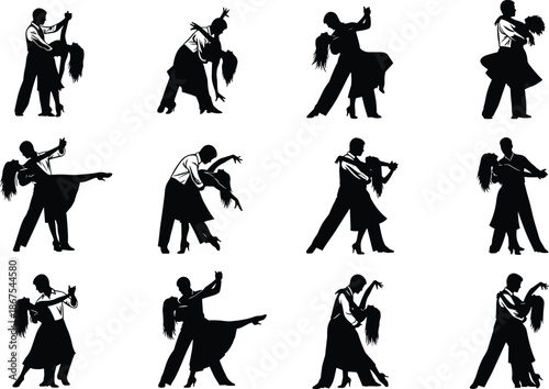 Elegant tango dancing couple silhouettes collection, dramatic ballroom poses, romantic passion love illustration isolated white background vector set