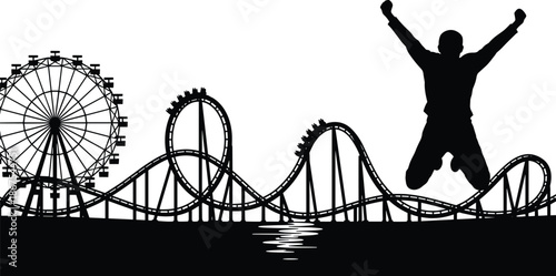 Man jumping silhouette at amusement park with roller coaster and ferris wheel symbolizing excitement freedom adventure success and joyful celebration