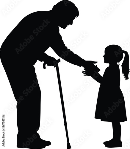 Silhouette of elderly man with cane giving help to little girl symbolizing kindness charity respect and generational care compassion humanity