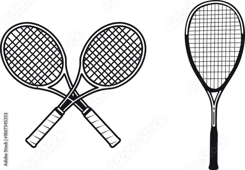 Tennis Racket Vector Crossed and Single Racket Line Art