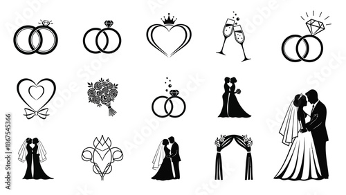 Black and white wedding icons set including couples rings hearts flowers and champagne with love and marriage and engagement and romance and relationship
