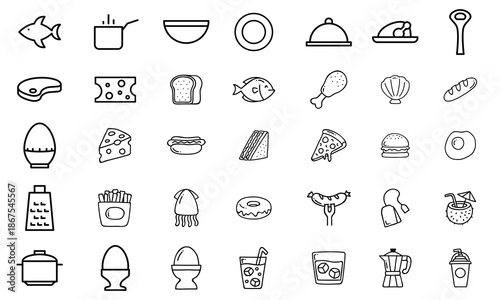 Food and restaurant icon set in black line drawing style vector .