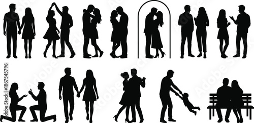 Romantic couple silhouette set, love dating dancing proposal scenes, relationship valentine illustration isolated white background collection people poses