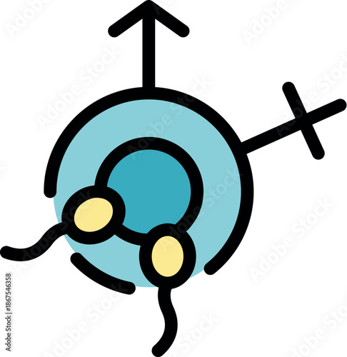 Spermatozoa approaching ovum, male and female gender symbols illustrating human reproduction process