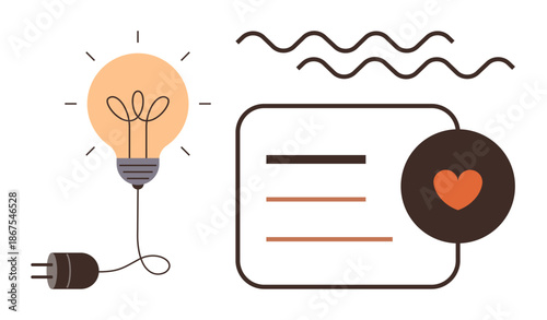 Innovation, connectivity, creativity, love, communication, ideas. A plugged-in light bulb, waves and a heart within a minimalist interface. Innovation and connectivity in modern symbolic design