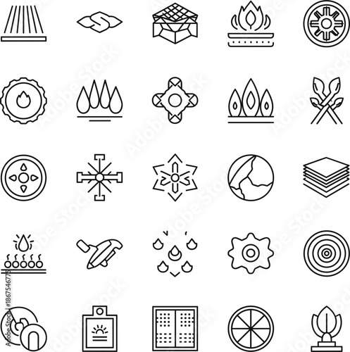 Industrial line icons set featuring material property symbols flame resistance structural grids filtration patterns and advanced engineering elements.
