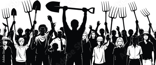 Farmer protest silhouettes illustration showing crowd holding pitchforks and shovel tools, agricultural workers demonstration and social justice movement concept vector