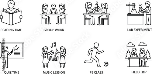School activities icons illustration showing reading group work lab experiment quiz music physical education and field trip, classroom learning concept vector set
