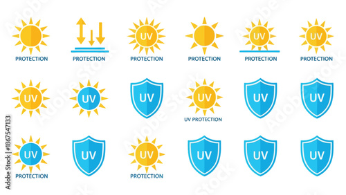  UV Protection Icons – Sun UV, SPF, Skincare, Cosmetics Packaging, Sunscreen Vector Pictograms.eps