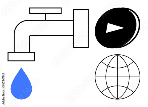 Water conservation, digital media, global connectivity, sustainability, content creation, environmental awareness. A faucet dripping water, a globe and a play button icon. Water conservation
