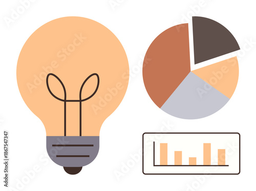 Business strategy, analytics, creativity, solutions, innovation, planning. A light bulb, pie chart and bar graph. Creativity and analytics concepts modern problem-solving and data interpretation