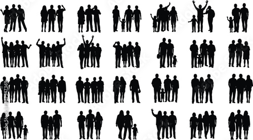 Group people silhouettes collection showing diverse teams standing together, community crowd teamwork unity and social gathering concept vector illustration set